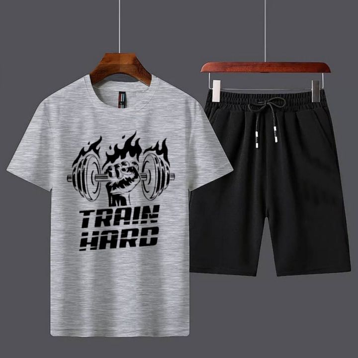 Trendy TrainHard_Printed Tracksuit Cotton Fabric T-Shirt & Shorts for Men Summer Elegant Suits Track_Suit Printed tshirts+short Casual wear
