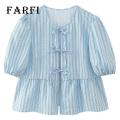 Bow Tie Front Blouse Chic Striped Print Tie-knot Ruffled Hem Top with Bow Tie Front Trendy O-neck Puff Sleeve Blouse for Streetwear Fashionistas in Asia Women Tie-knot Ruffled Babydoll Top. 