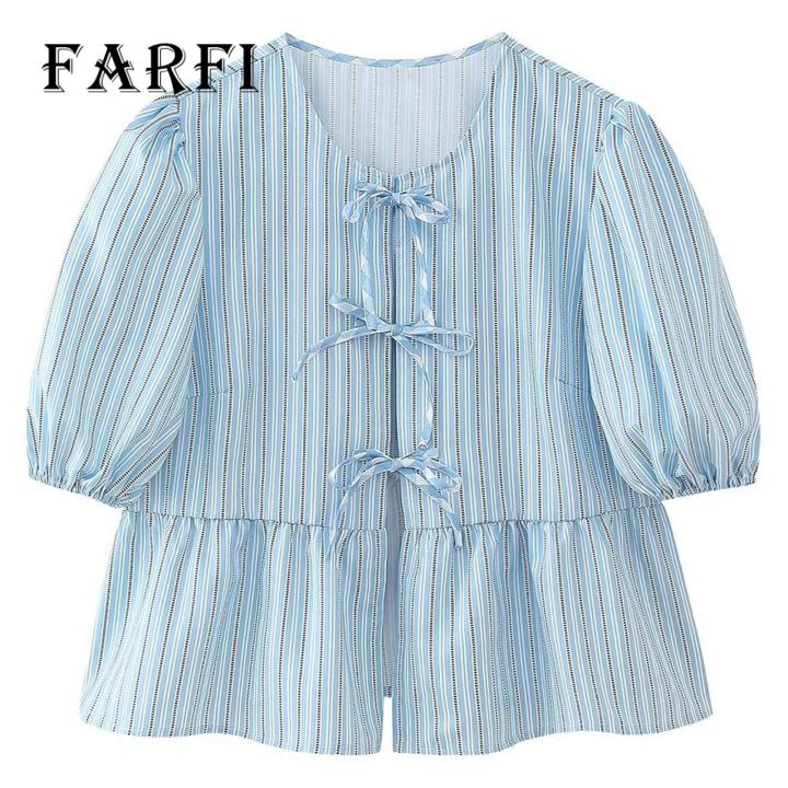 Bow Tie Front Blouse Chic Striped Print Tie-knot Ruffled Hem Top with Bow Tie Front Trendy O-neck Puff Sleeve Blouse for Streetwear Fashionistas in Asia Women Tie-knot Ruffled Babydoll Top