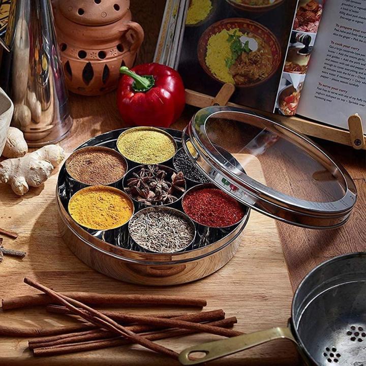LARGE 7 Partitions Spices Container Kitchen Box with Glass Lid Stainless Steel