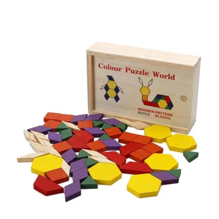 1 【Happier】 HNTOB 60Pcs Wooden Color Puzzle World Pattern Patterns Blocks Baby Kids Toys Game