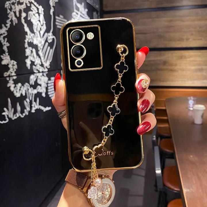 For Infinix Note 12 (G96) Back Cover with Bracelet Wristband Luxury Clover Chain 6D Plating Frame Shiny Girls Cases Soft Silicone Square Protective Mobile Phone Case