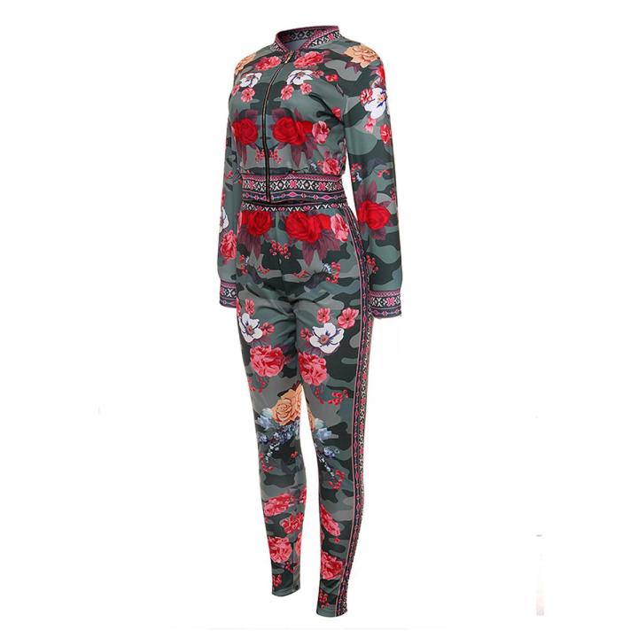 2 PCS Womenﾡﾯs Floral Printed Outfits, Flower Pattern Long-Sleeves Jacket + Skinny Pants  Tracksuit Set for Club, Party, Sports
