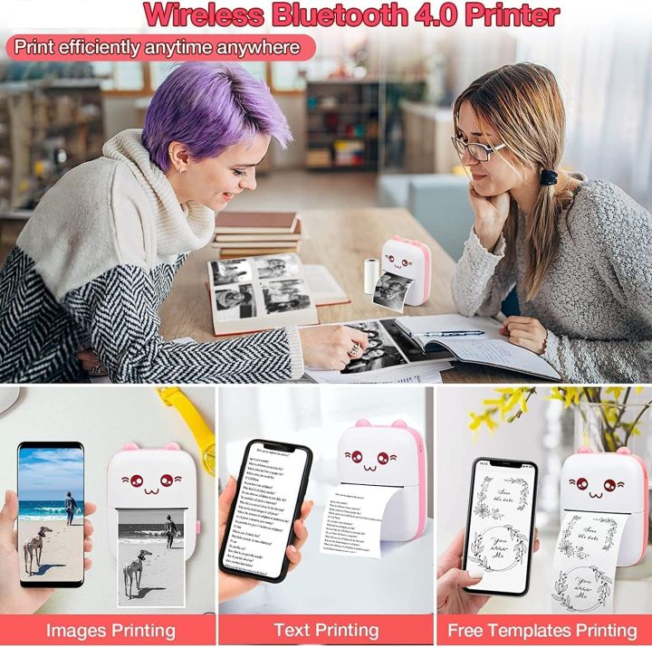 Mini Pocket Printer Portable Printer, Gifts for kids Bluetooth Wireless Smart Printer for Photo Picture Office Receipt Label Note QR Code Inkless Printing With Roll Thermal Paper USB Portable Mobile Printer Wireless Photo Printer for Smartphone,Black,Whit