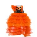 Little Girls Halloween Princess Dress, Pumpkin Printed Back Zipper Large Bowknot Layered Mesh Patchwork Irregular One-Piece. 