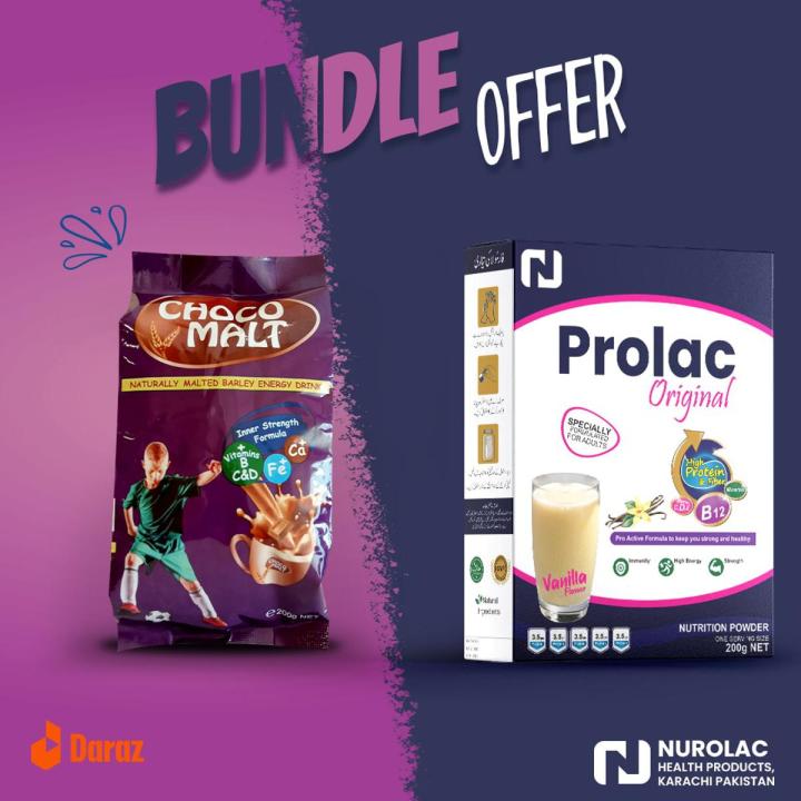 Prolac Nutritional Supplement Powder for Adult Vanilla flavor with chocomalt Kids Drink 200gm (Bundle of 2)