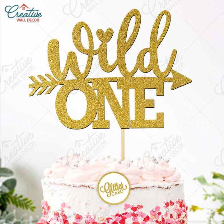 Wild One Birthday Cake Topper in Gold, Boy or Girl 1st Birthday topper for Party Celebration & cake Decoration Supplies