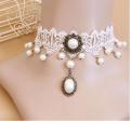 Elegant Vintage Imitation Pearl White Lace Statement Choker Necklace. 