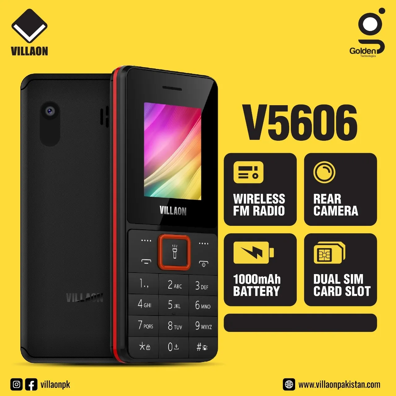 VILLAON V5606 (  V200 ) - 1.77 Inch Display - Dual Sim - PTA Approved - 1000mAH Battery - Rear Smart Camera - Auto call recording - Bright Torch - Memory card Supported - Bluetooth - 2000 Contact Save Memory - Wireless FM Radio - 1 Year brand Warranty