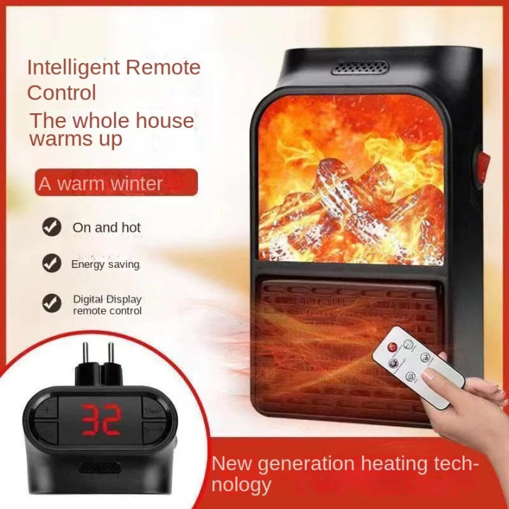 900W Plug in Flame Heater, 3D Flame Portable Ceramic Heaters Low Energy, Mini Space Heater Silent with Thermostat 12H Timer LED Display Overheat Protection Heater for Home Office Use (With Remote Control)