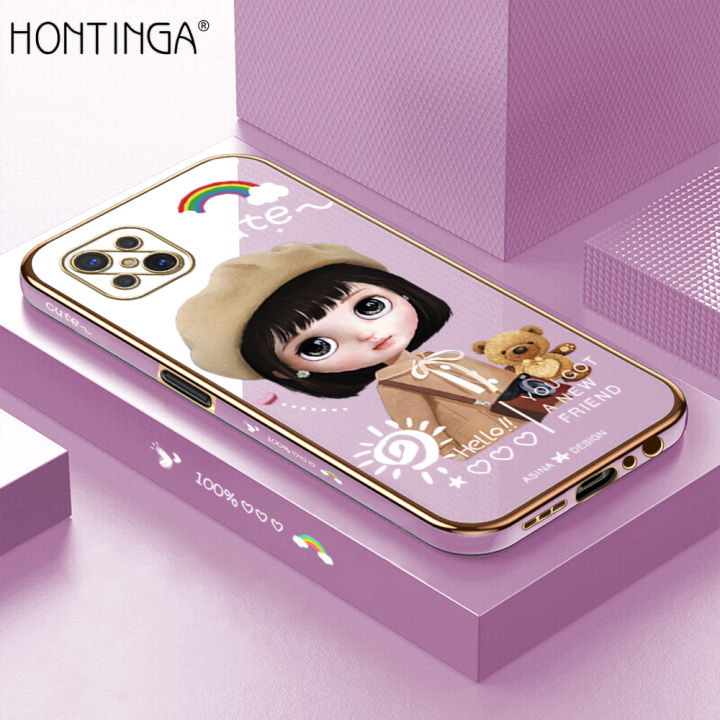 Hontinga for OPPO Reno4 Z 5G Back Cover（Free Lanyard）Luxury 6D Plating Cartoon Satchel Girl Side Pattern Case Soft Silicone Square Phone Cases