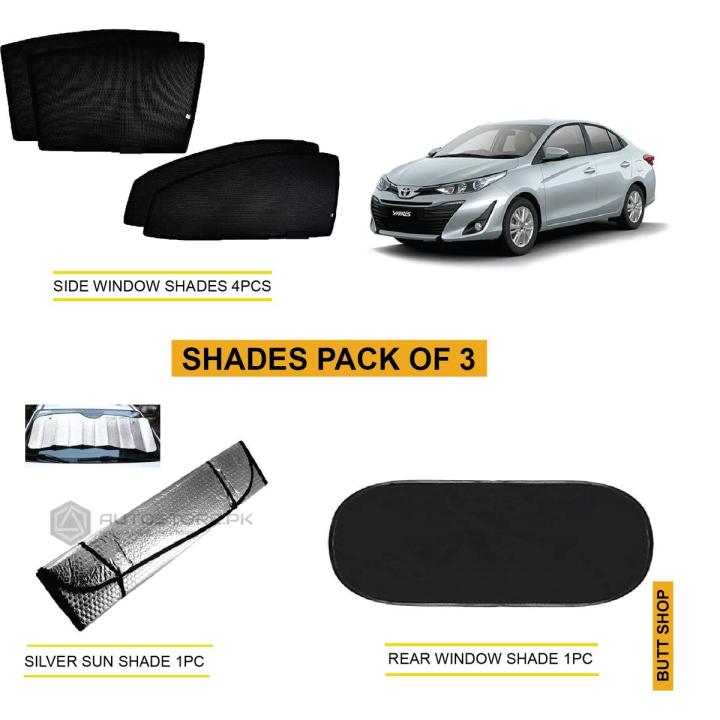 TOYOTA YARIS COMPLETE SHADES FOR CAR PACK OF 3 ,SIDES WINDOW SHADES 4PCS ,REAR WINDOW SHADE 1PC, WINDSCREEN SILVER SUN SHADE 1PC