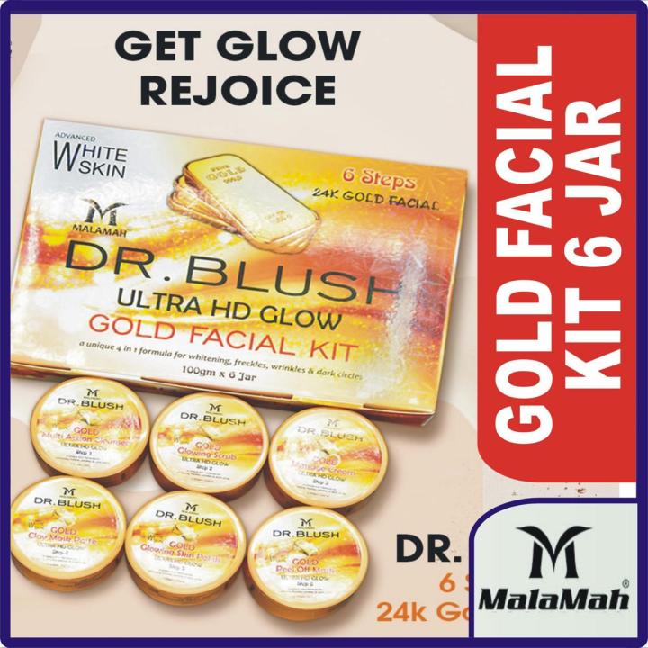 MALAMAH DR BLUSH ULTRA HD GLOW GOLD FACIAL KIT FOR FACE FRESHNESS, FRECKLES, ANTI WRINKLES AND DARK CIRCLES SPECIAL EDITION  6 JAR PACK 100G EACH
