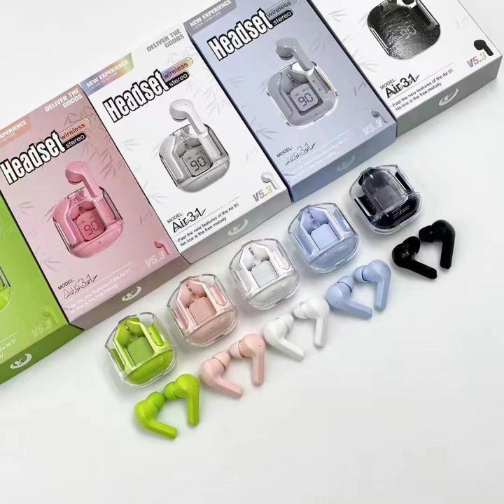 Air 31 Wireless Earbuds Transparent Bluetooth 5.3 Crystal Airpods Wireless Headset Charging Case Heavy Bass Stereo Earphones with Noise Reduction Microphone Waterproof Headphone LED Digital Display