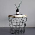 METALLO METAL WIRE REMOVABLE WOOD TOP FOLDABLE ROUND COFFEE SIDE TABLE STORAGE BASKET ONE PICE. 