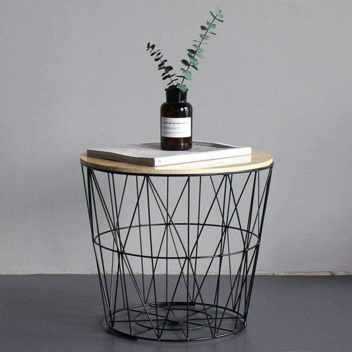 METALLO  METAL WIRE REMOVABLE WOOD TOP FOLDABLE ROUND COFFEE SIDE TABLE STORAGE BASKET ONE PICE