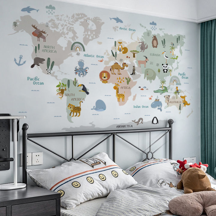 Animals World Map Wall Stickers Kids Animals Theme Educational Stickers Boy Girl Baby Room Nordic Nursery Art Decals Home Decor