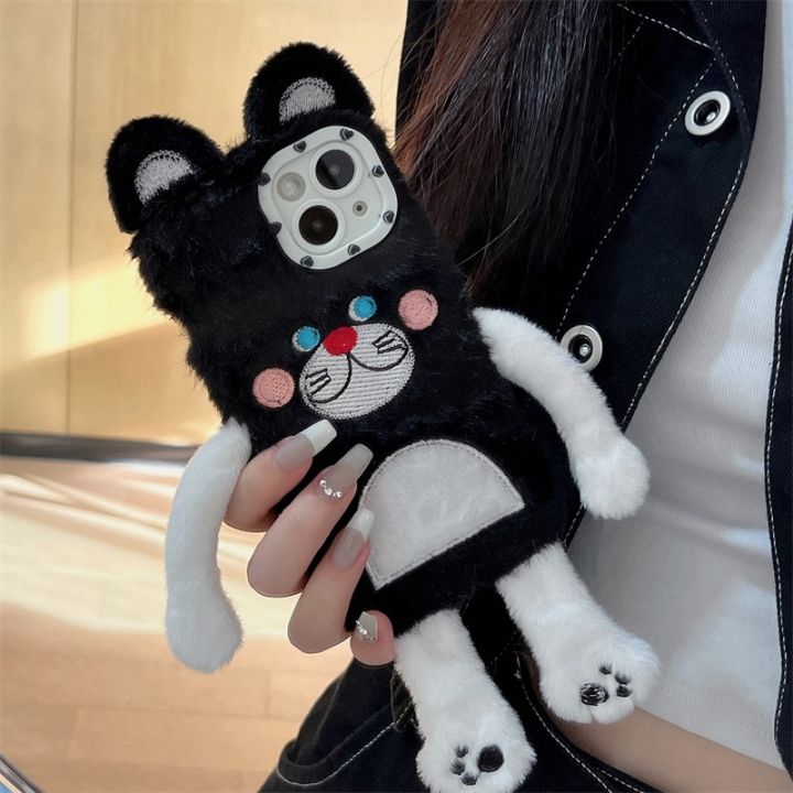 Funny 3D Cute Plush Black Cat Phone Case For iPhone 14 Plus 11 12 13 Pro Max Soft Cover Kawaii Cartoon Cases For 14 Pro Funda