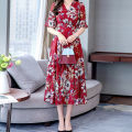 Yfashion Summer Floral Printing A-line Skirt For Women  V-neck Short Sleeves Dress Flared Sleeves Midi Skirt color. 