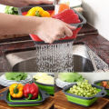 Silicone Food Filter | Plastic Folding Basket / Strainer for Kitchen | Silicone Foldable Drain Basket - Food Drainer with Plastic Base and Handle Vegetable and Fruit Strainers. 