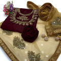 Unstitched Bridal Partywear 3-Piece Suit - Kataan Silk with Mirror Work and Golden Net Dupatta Customized. 