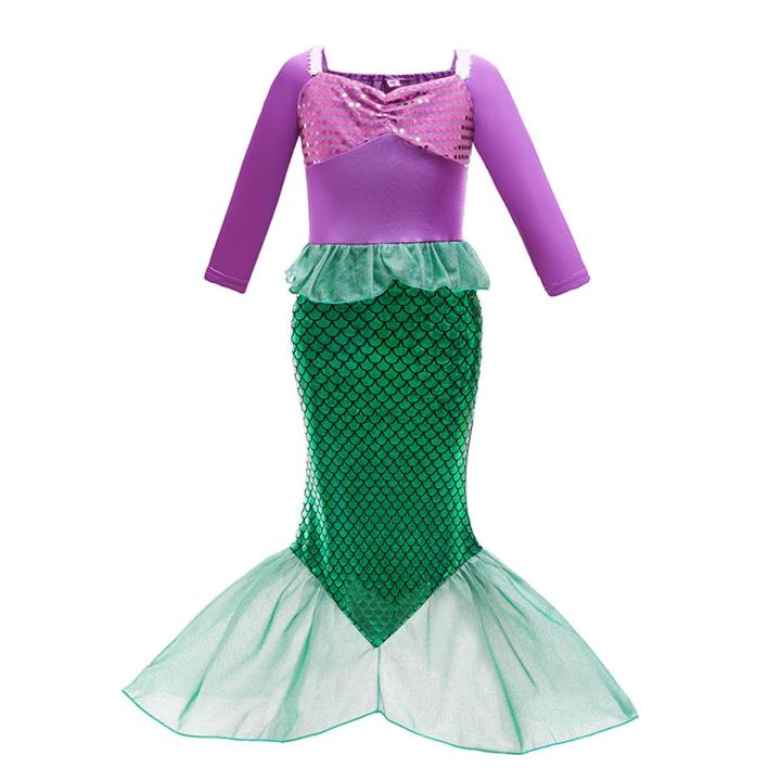 Girls Mermaid Dress Long Sleeve Sequin Patchwork Fish Scale Fishtail Mesh Embellished Cute Princess Dress