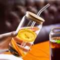 Round shape Glass with glass straw and wooden lid, coffee glass, milk glass, juice glass -Imported high quality - cups for tea - tea cup - soda cup - coffee mug - kitchen accessories. 