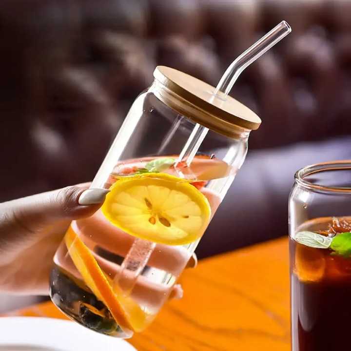 Round shape Glass with glass straw and wooden lid, coffee glass, milk glass, juice glass -Imported high quality - cups for tea - tea cup - soda cup - coffee mug - kitchen accessories