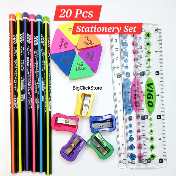 20 Pcs ORO Stationery Set | 6 Pencils, 6 Erasers, 5 Sharpeners & 3 Rulers | Best Stationery Kit for Students, Toddlers, Kids, Girls & Boys | Premium School Supplies for Writing, Drawing & Learning | Buy Online at Best Price