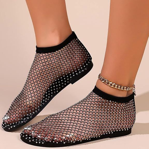 Women's Rhinestone Fishnet Flats – Breathable Slip-On Sparkle Shoes, Comfortable Low Heel Summer Casual Sandals