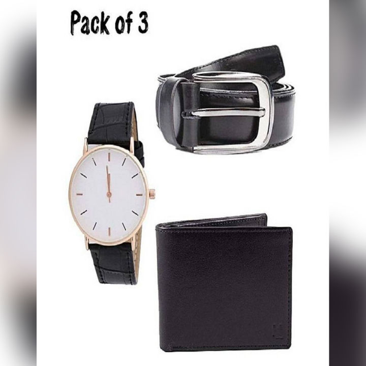 Pack Of 3 Casual Leather Belts,Wallet,Watch For Boys Black