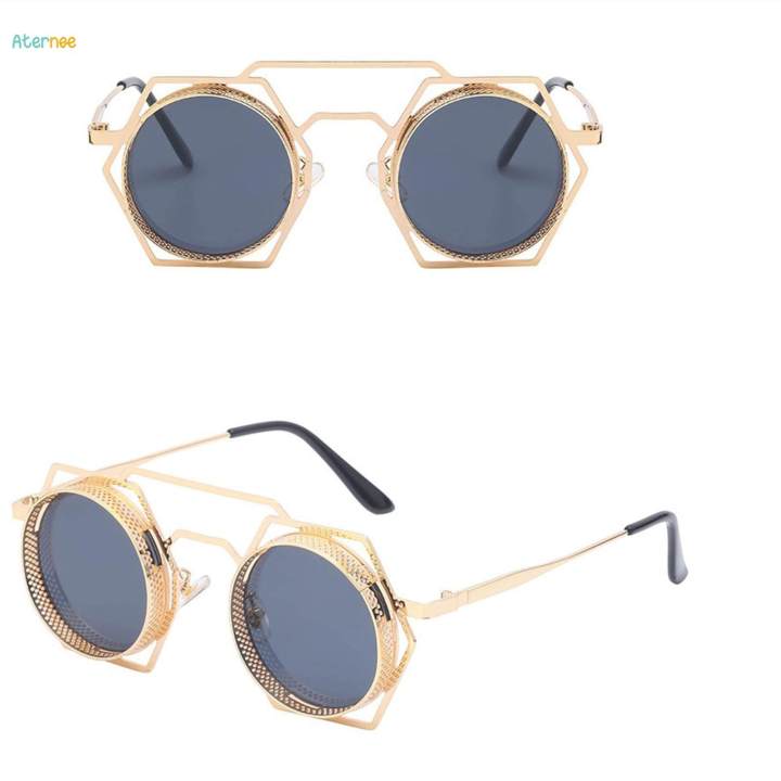 Retro Steampunk Sunglasses, Outdoor Sun Shades, Protection Trendy Gothic Circle Eyeglasses, Glasses for Womens Adult Men , Gold Gray