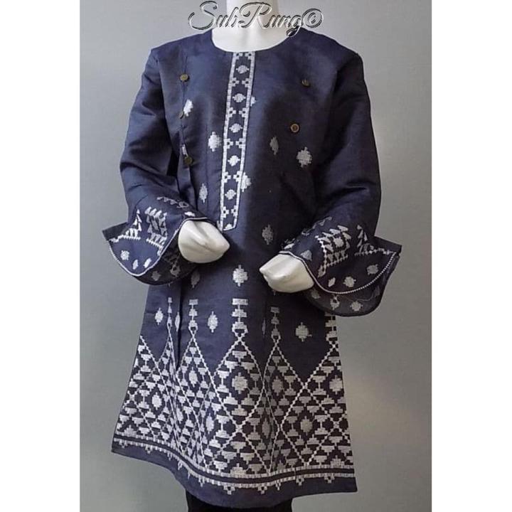 SubRung- Blue Stitched Jeans Kurti Beautifully White Embroidered 4 Young Girls Age Between 6-14 Years Maximum