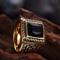 Square Black Stone Men Seal Ring Signet Gold Color Classic Wedding Band Male Rings Titanium Stainless Ring. 