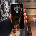 Maitus for Tecno Camon 16 Back Cover with Clover Bracelet Luxury 6D Plating Square Frame Camera Lens Protection Shiny Chain Bling Cases Soft Silicone Mobile Phone Case. 