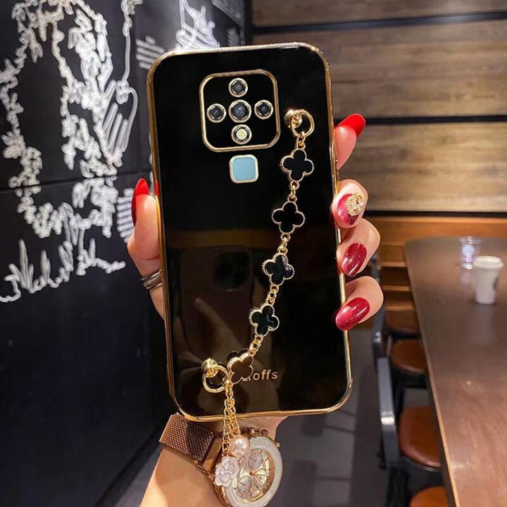 Maitus for Tecno Camon 16 Back Cover with Clover Bracelet Luxury 6D Plating Square Frame Camera Lens Protection Shiny Chain Bling Cases Soft Silicone Mobile Phone Case