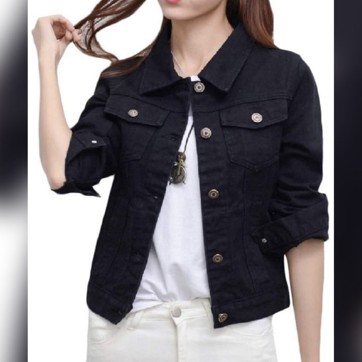 Ats-Regular Collar Black Womens Denim Jacket