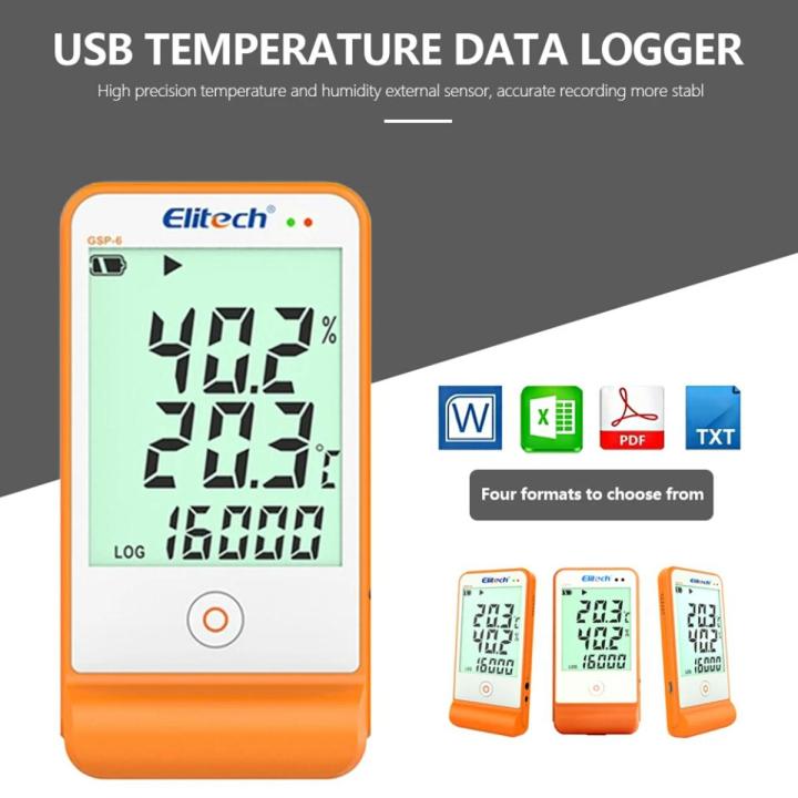Elitech GSP-6 Digital Temperature and Humidity Data Logger Detachable Dual Probes -40℉ to 158℉ Audio Alarm Max/Min Value Display