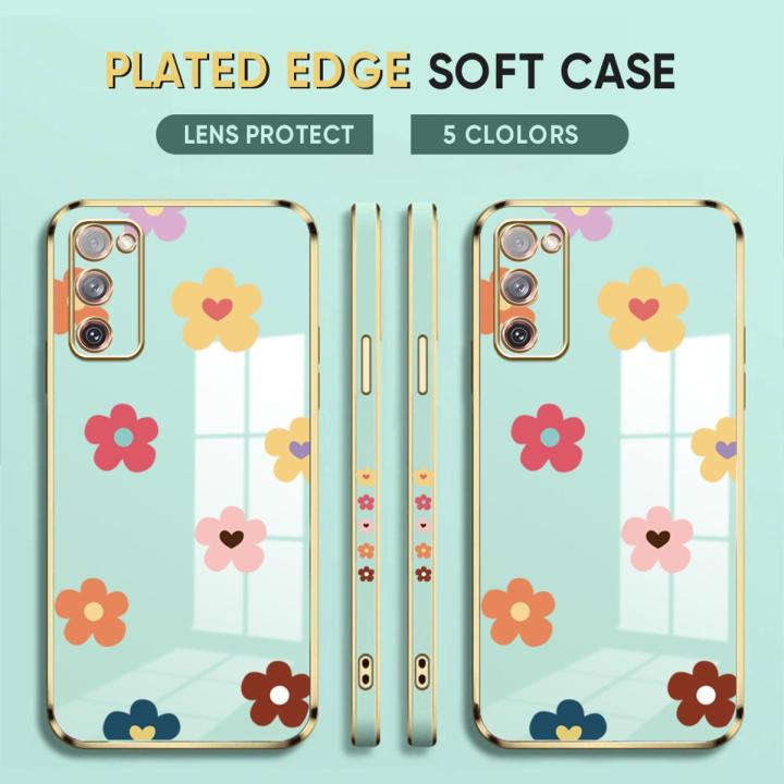 (Free Lanyard) Luxury 6D Plating Case for Samsung Galaxy S20 FE 5G / 4G Back Cover Color Cartoon Flowers Side Pattern Soft Silicone Square Phone Cases