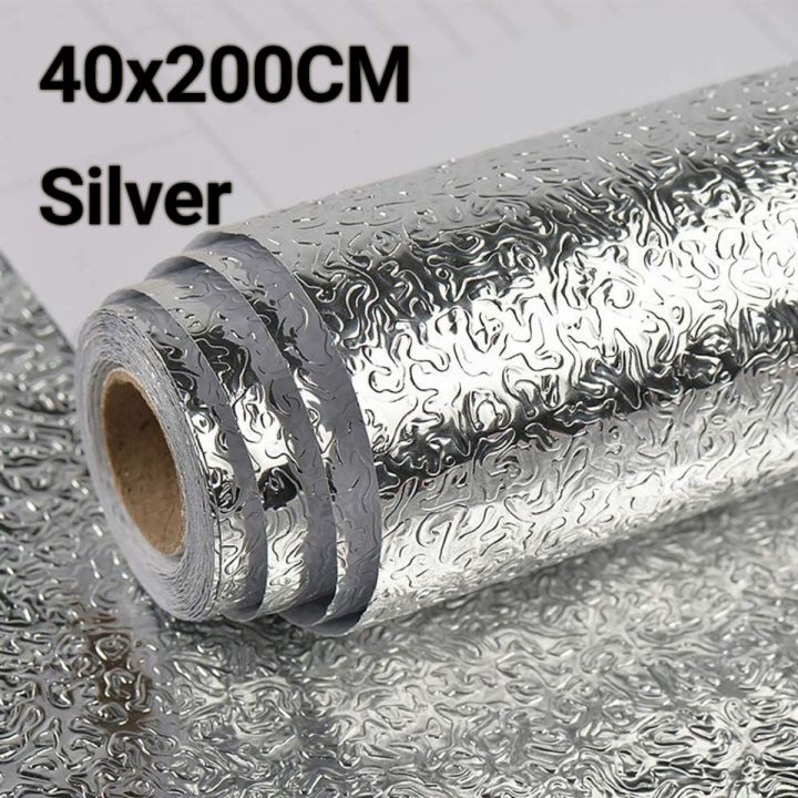 40 X 200 CM Aluminum self adhesive foil sheet for kitchen stain proof oil proof protector for kitchen walls and shelves heat resistant stove stickers oil proof and waterproof easy to clean kitchen back splash wallpaper - Silver