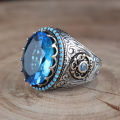 Retro Handmade Turkish Signet Ring For Men Women Ancient Silver Color Carved Ring Inlaid Blue Zircon Party Punk Motor Biker Ring. 