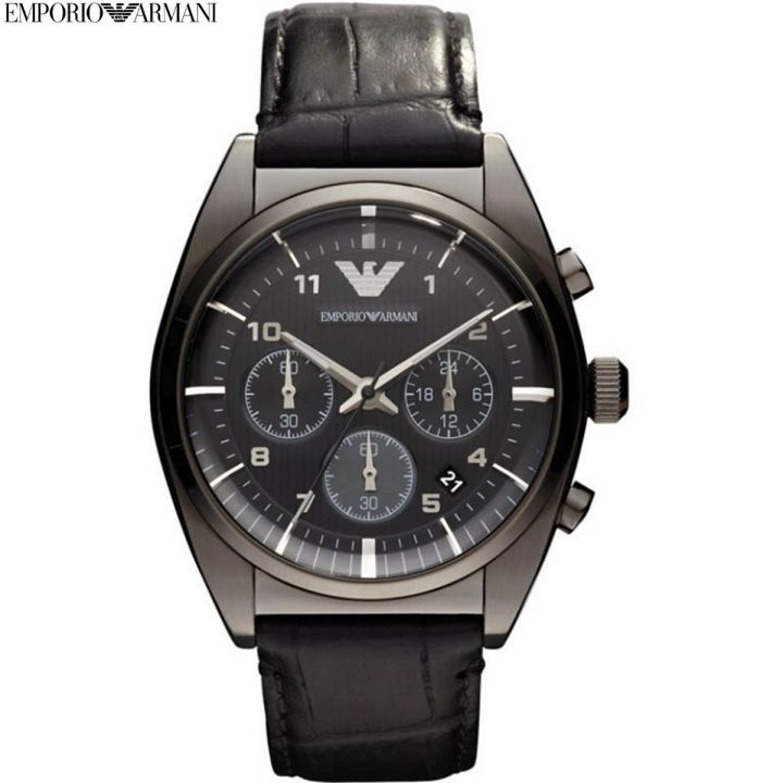 Emporio Armani Black Dial Chronograph Black Genuine Leather Strap Watch ...