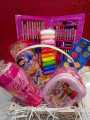 gift basket for kids with lunch box , pencil box , water bottle , stationery kit , colouring kit , caryouns , colours , markers , pencil , eraser , sharpner , glue , play dough  ,sticker , water colours. 