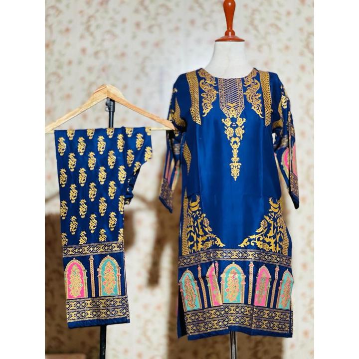 2Pc Digital Block Printed Stitched Kurta & Trouser For Women And Girls.