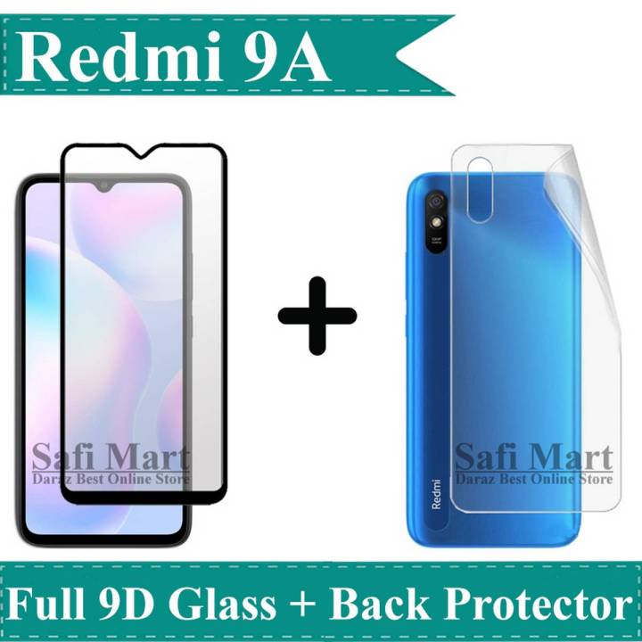 Xiaomi Redmi 9A Complete Black 9D Tempered Glass Full Glue Screen Guard + Back Jelly Protector Hydrogel Soft Film Protection For Redmi 9A - Transparent