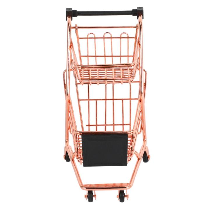 2X Mini Double Layers Shopping Cart Model Wrought Iron Supermarket Trolley Metal Rose Gold Storage Basket Rose Gold