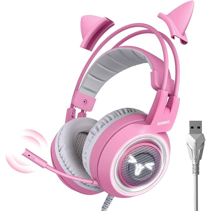SOMiC G951rosa Casque de jeu Rose Kat écouteur avec lames Virtuell 7.1 et lumière LED, microphone pour ordinateur, PS4, ordinateur portable Ã petite amie, femme (prise USB) USB-Buchse Rose