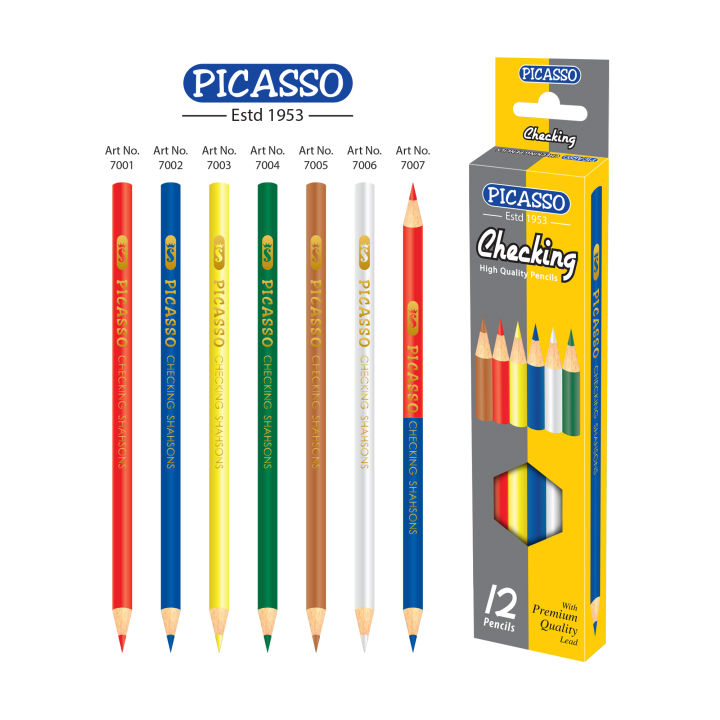 Picasso Checking Pencils Pack of 12 Pencils - Blue Checking - White Pencil-  Red Pencil -Yellow Pencil - Red and Blue Pencil - Set Of 12 High Quality Pencils - Office Stationery - School Stationery