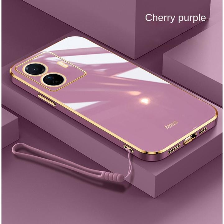 VIVO Y77 5G Luxury Square Edges Plating Back TPU Soft Phone Case with Lanyard Glossy Casing