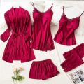 5-Piece Silk Night Dress Set – Elegant Sleepwear, Free Size for Women & Girls. 